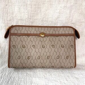 Vintage Dior Honeycomb Canvas Large Clutch Tan Brown CD Logo Zip Pouch Bag